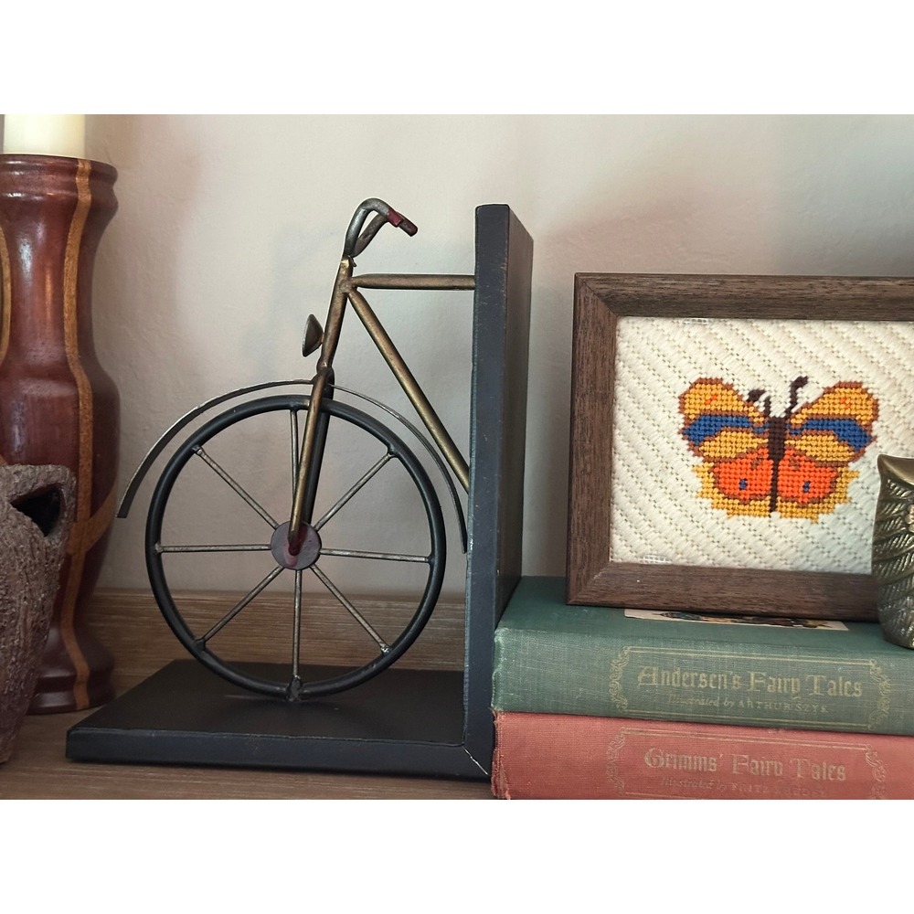 Vintage Industrial Metal Bicycle Bookends Rustic Bronze Red Cycling Decor Set - Picture 3 of 10